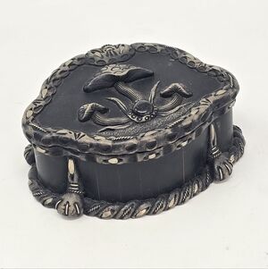 Vtg wood trinket box polymer mushrooms metal inlay stone centerpiece, peru